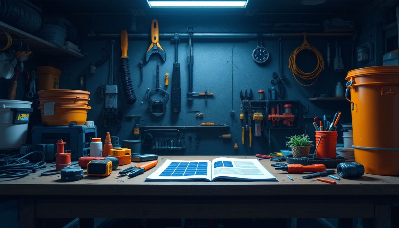 Een rommelige werkbank met DIY zonne-energie installatiegids en gereedschap.