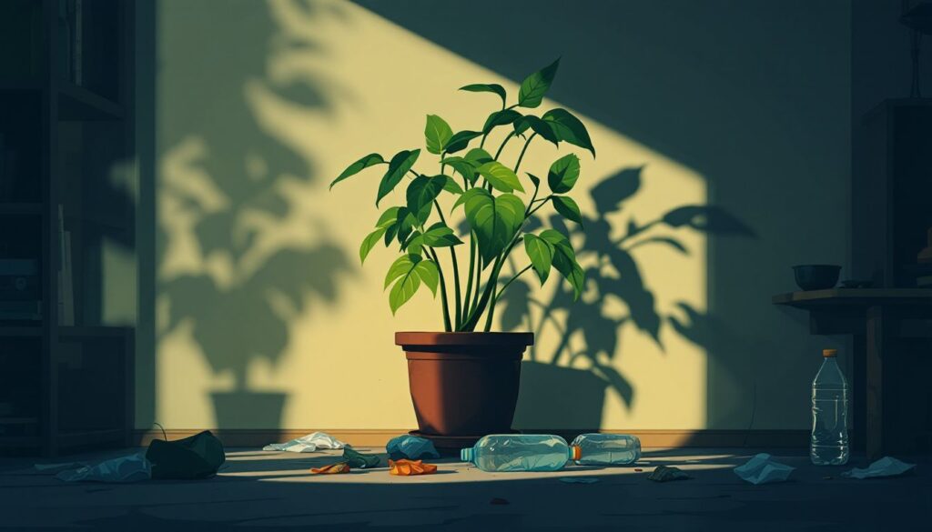 Een verwaarloosde kamerplant in een rommelige, verwaarloosde ruimte.