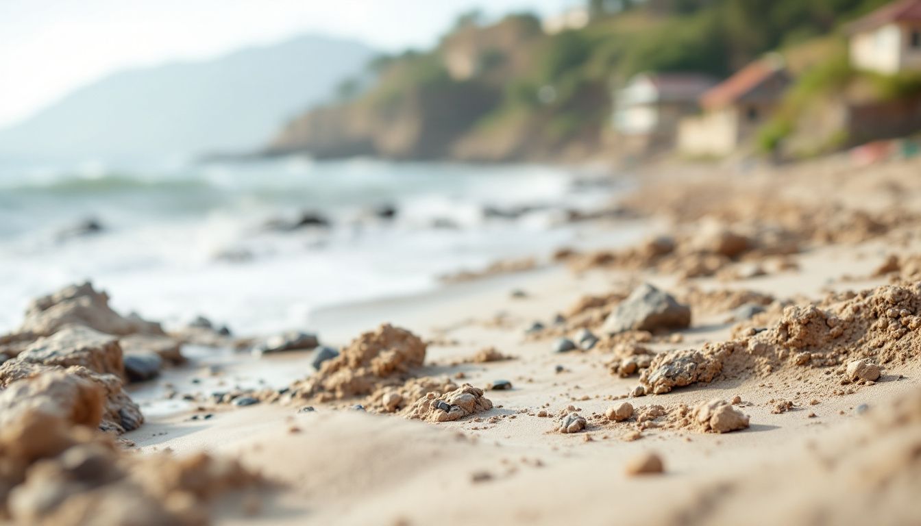 Een kustgebied met beschadigde structuren door klimaatverandering. Een kustgebied met beschadigde structuren door klimaatverandering.