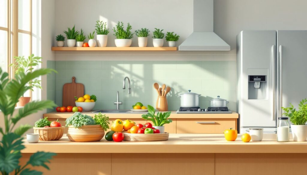 Een milieuvriendelijke keuken met herbruikbare containers en energiezuinige apparaten.