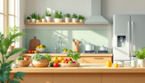 Een milieuvriendelijke keuken met herbruikbare containers en energiezuinige apparaten.