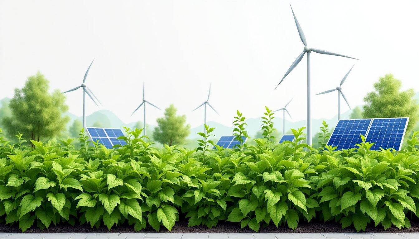 Een tuin vol overwoekerde planten met zonne-energie en windturbines eromheen. Een tuin vol overwoekerde planten met zonne-energie en windturbines eromheen.