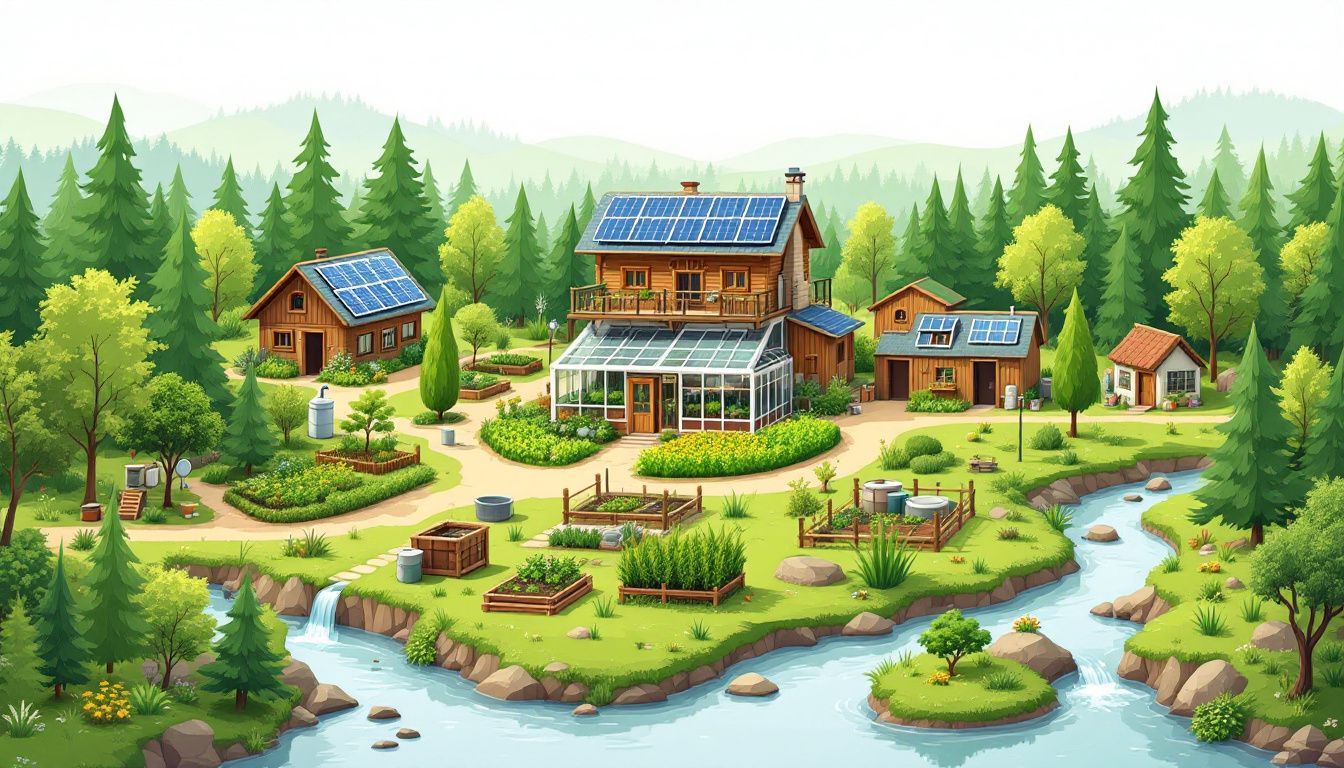 Een duurzaam zelfvoorzienend dorp met zonne-energie en afvalbeheer. Een duurzaam zelfvoorzienend dorp met zonne-energie en afvalbeheer.