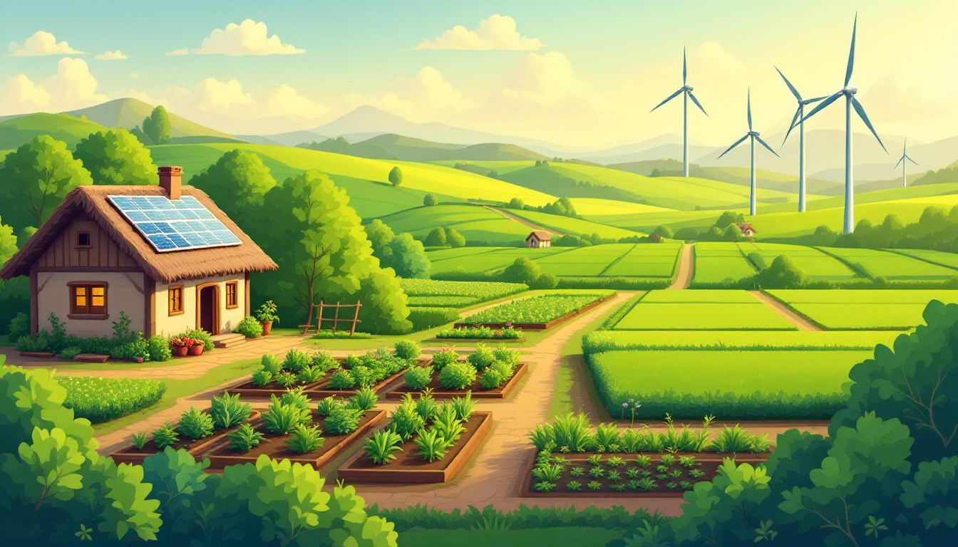 Een traditioneel zelfvoorzienend dorp met duurzame energiebronnen en moestuinen.