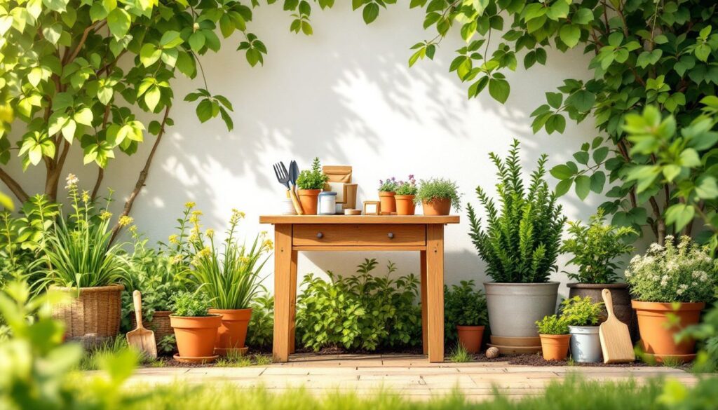 Een tafel vol met tuingereedschap en plantenpotten in een levendige achtertuinsetting.
