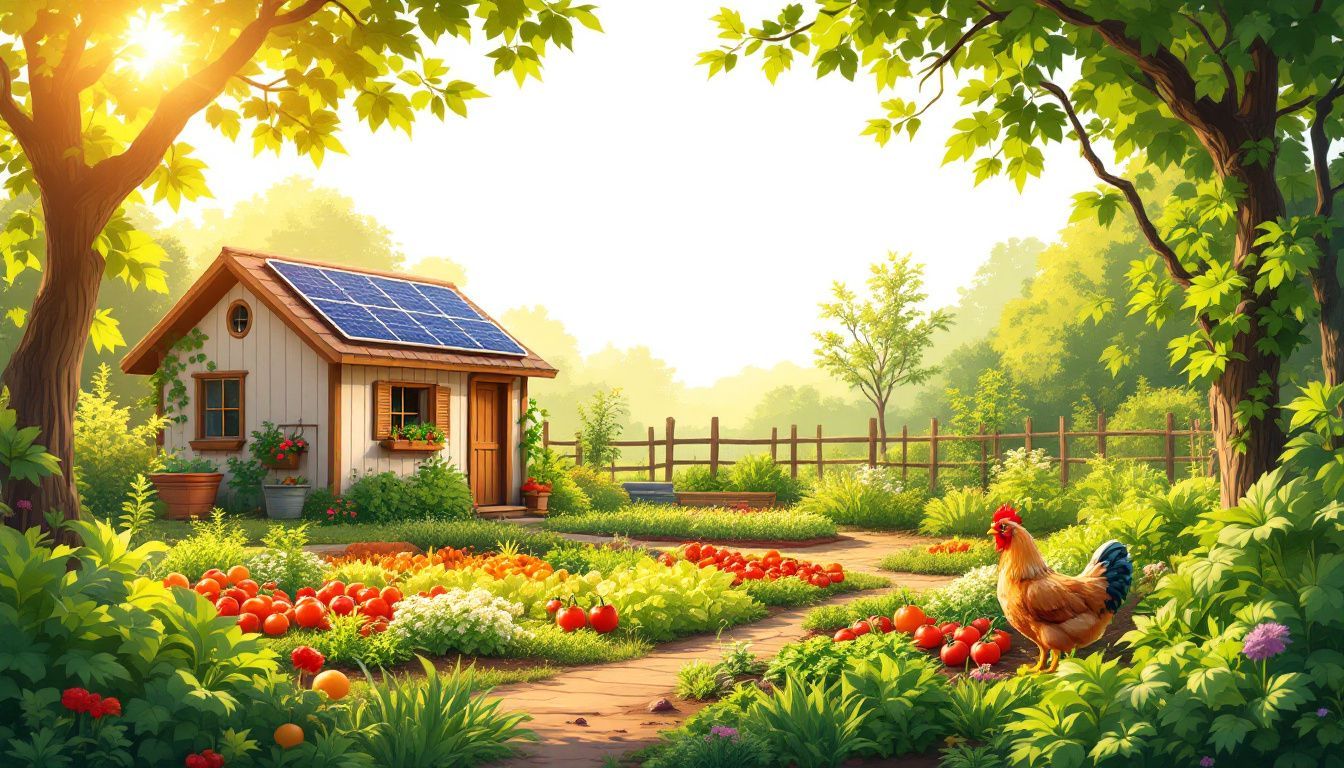 Een landelijke moestuin met groenten, kippenhok en zonnepanelen. Een landelijke moestuin met groenten, kippenhok en zonnepanelen.
