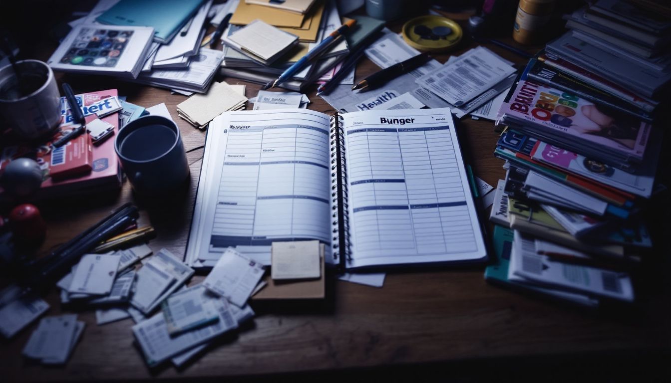 Een rommelig bureau met rekeningen, budgetplanner en ongelezen tijdschriften. Een rommelig bureau met rekeningen, budgetplanner en ongelezen tijdschriften.