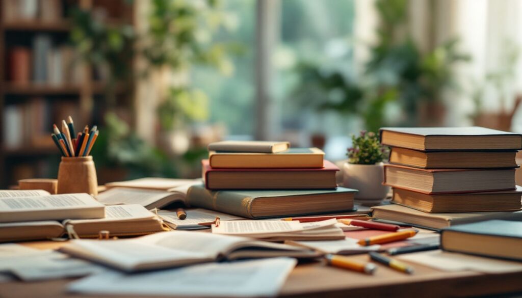 Een illustratie van zelfvoorzienend taalleren met boeken en studietools op een bureau.