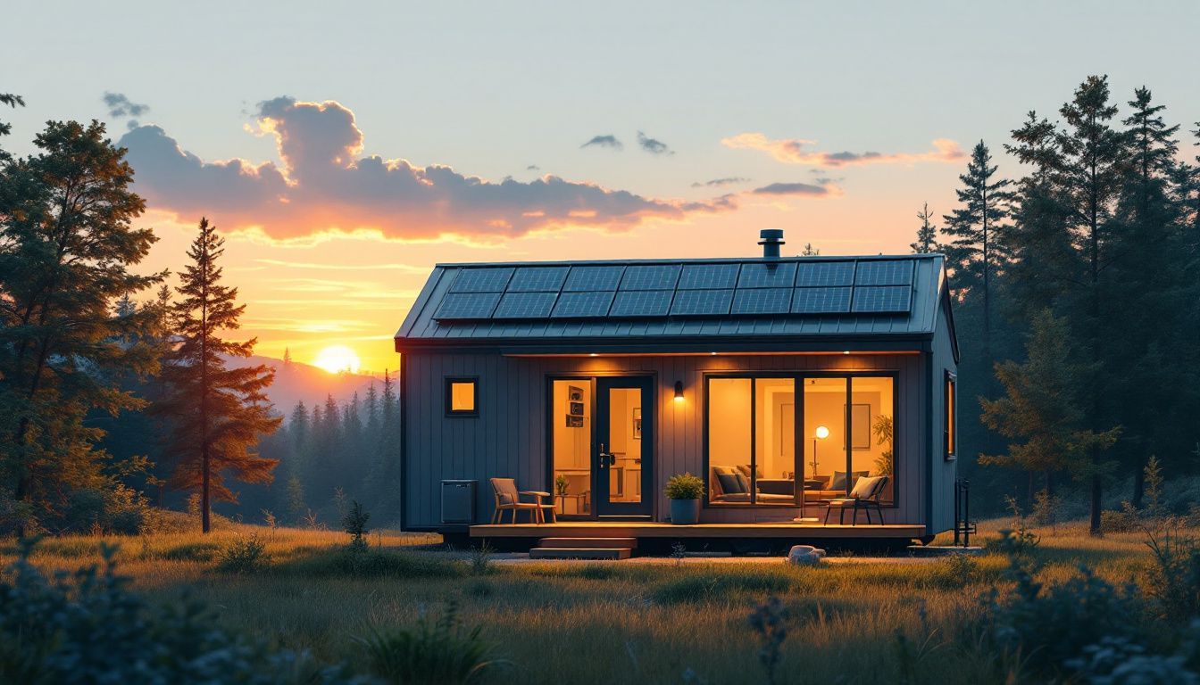 Een moderne off-grid tiny house in een bosrijke omgeving bij zonsondergang. Een moderne off-grid tiny house in een bosrijke omgeving bij zonsondergang.