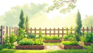 Een kleine, landelijke moestuin met verhoogde bedden en groenten.