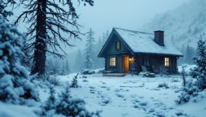 Een afgelegen hut in de Rocky Mountains tijdens een hevige sneeuwstorm.