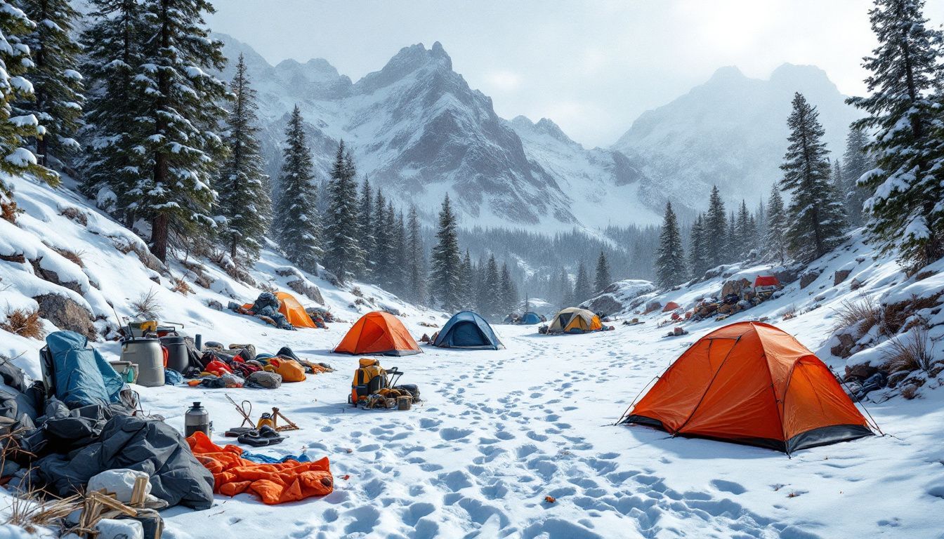 Een afgelegen kampeerplaats in de besneeuwde Rocky Mountains na een sneeuwstorm.