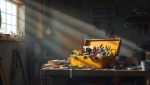 Een rommelige gereedschapskist op een werkbank in een garage.