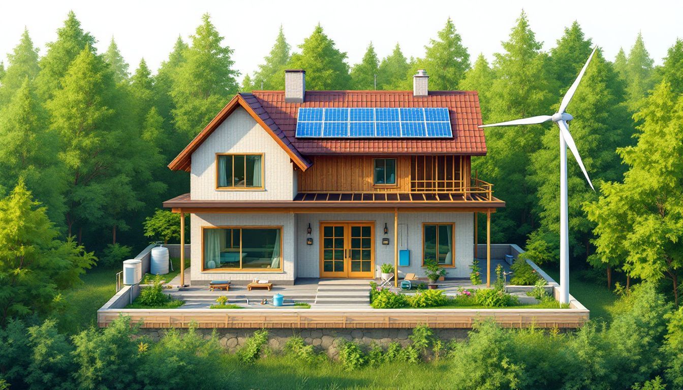 Een in aanbouw zijnde duurzame woning omgeven door groen.