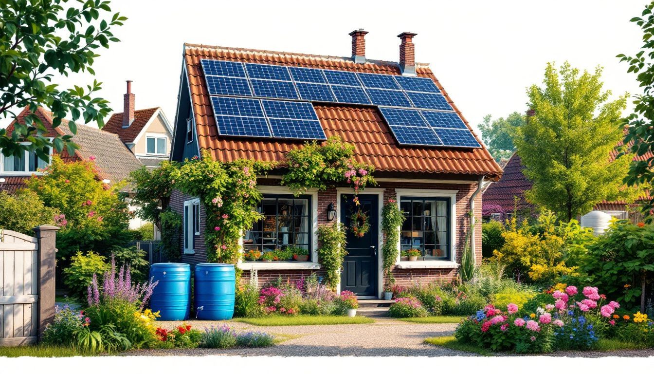 Een zelfvoorzienend huis met zonnepanelen en regenwateropvang temidden van een groene tuin. Een zelfvoorzienend huis met zonnepanelen en regenwateropvang temidden van een groene tuin.