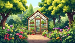 Een kleine kas te midden van een levendige tuin met diverse planten.