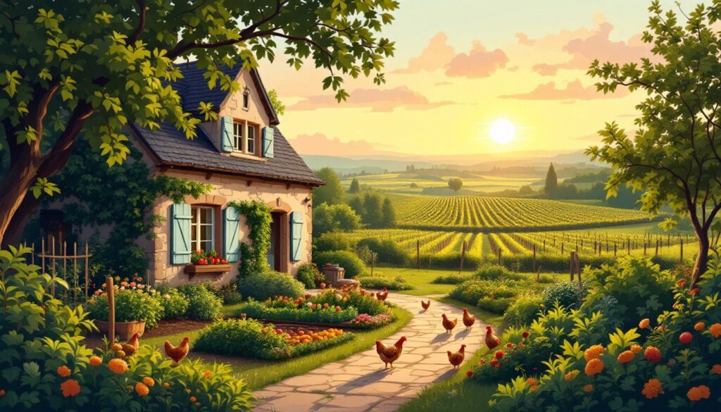Een landelijke Franse boerderij met moestuin, kippen en wijngaard.