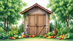 Een oude houten gereedschapsschuur in een gemeenschapstuin gevuld met groenten en fruit.