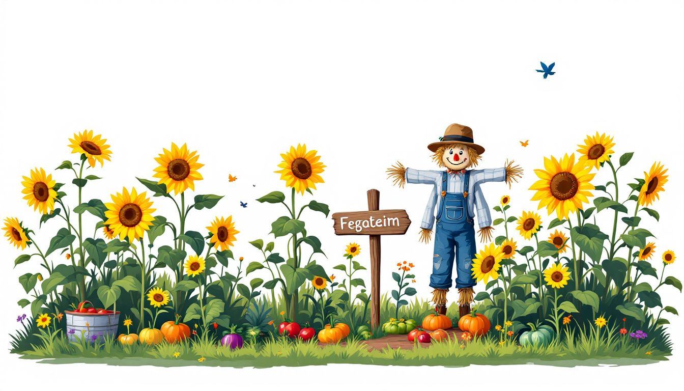 Een landelijke gemeenschapstuin met handgeschilderde borden en zonnebloemen.