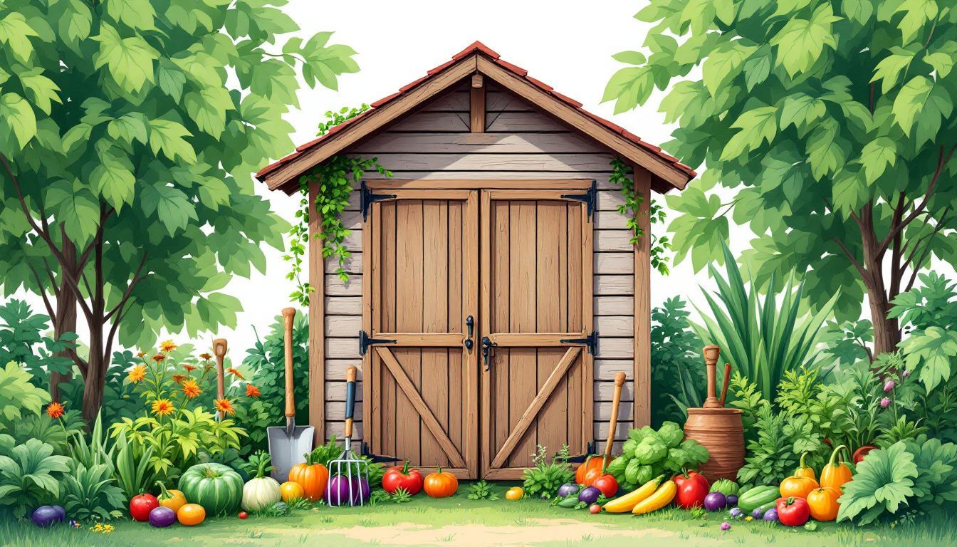 Een oude houten gereedschapsschuur in een gemeenschapstuin gevuld met groenten en fruit.