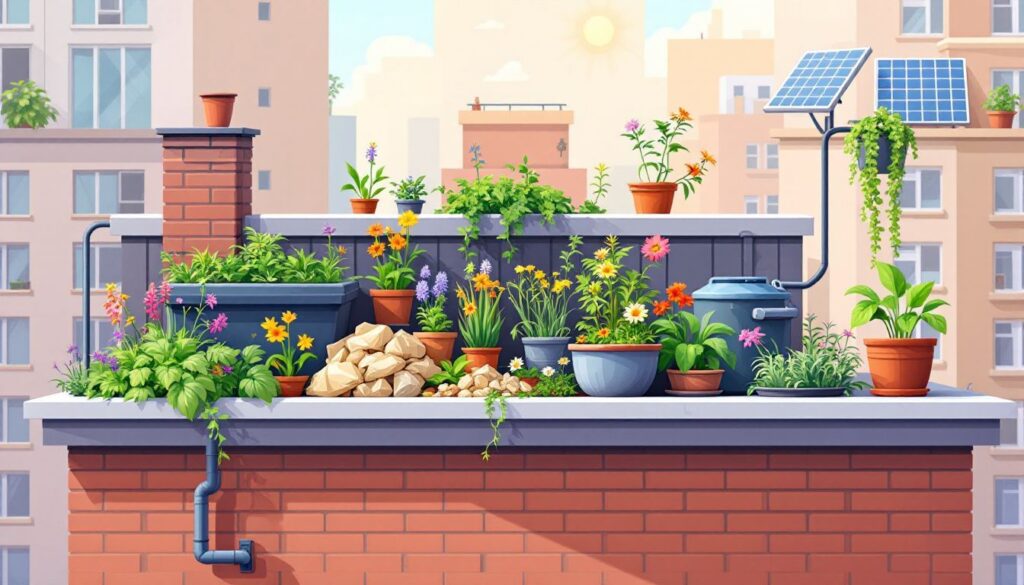 Een levendige stadstuin op het dak van een appartementencomplex.