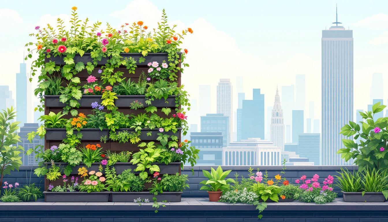 Een verticale tuin met diverse planten en bloemen op een stadsdak. Een verticale tuin met diverse planten en bloemen op een stadsdak.