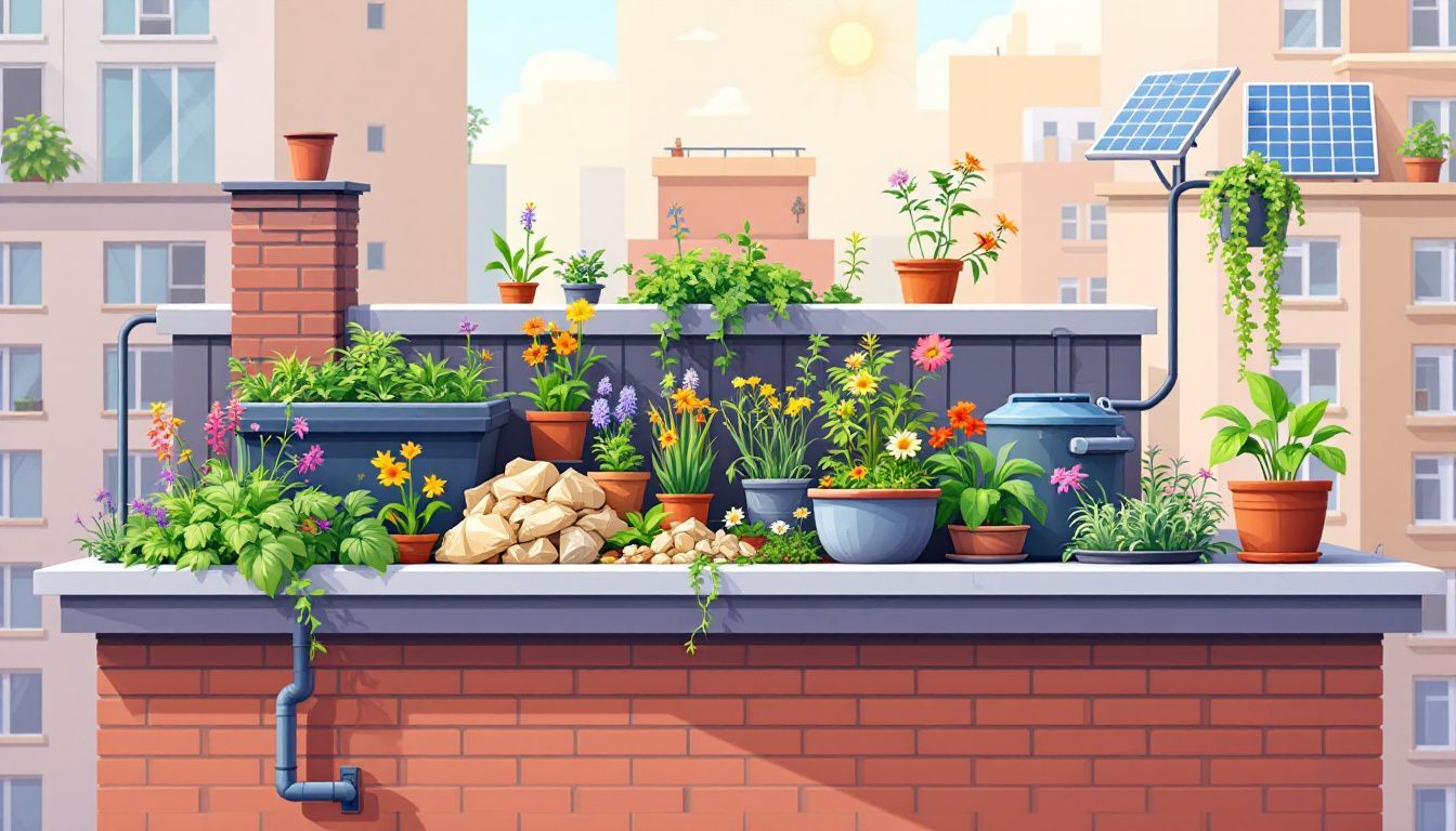 Een levendige stadstuin op het dak van een appartementencomplex.