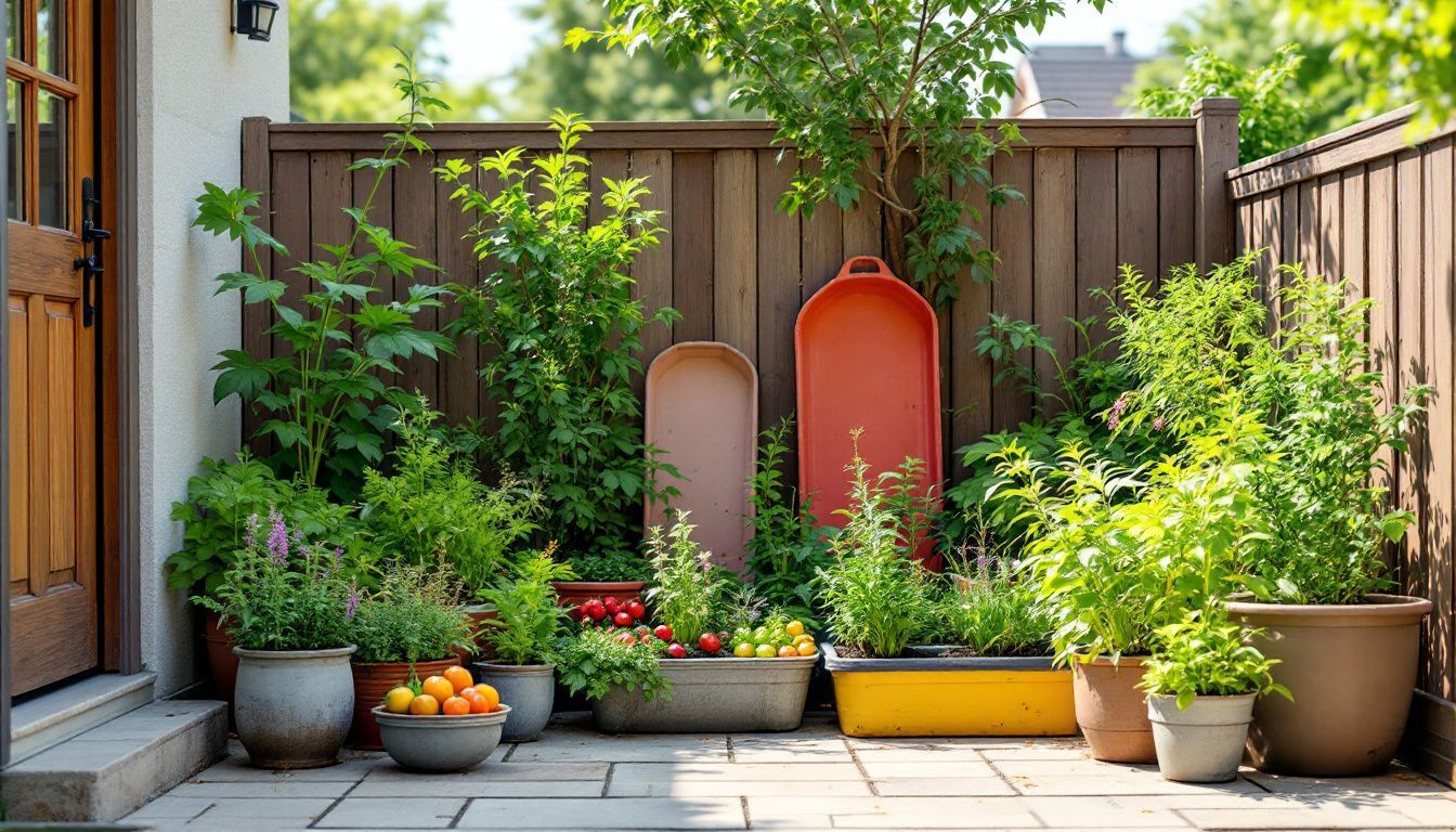 Een kleine patio in een buitenwijk met een container tuin. Een kleine patio in een buitenwijk met een container tuin.