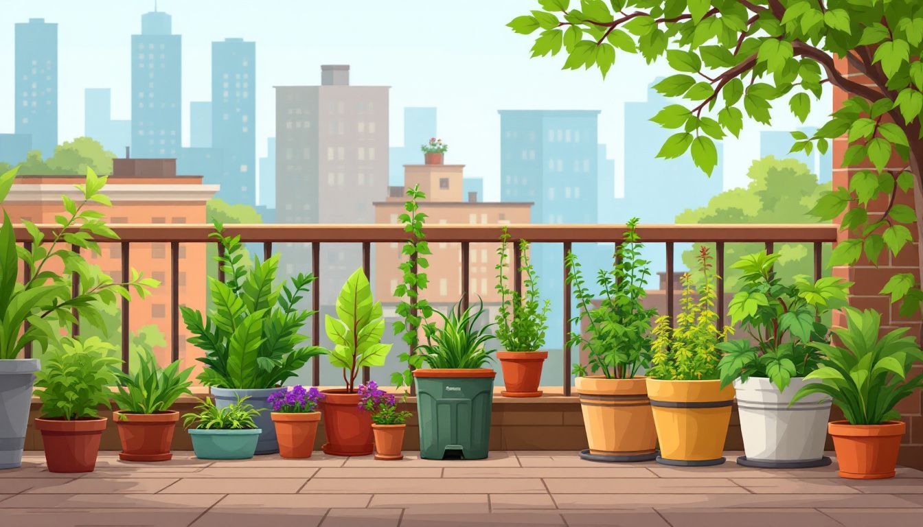 Een kleine stedelijke tuin op het balkon van een rijtjeshuis.