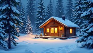 Een gezellige blokhut in een besneeuwd Noors bos.