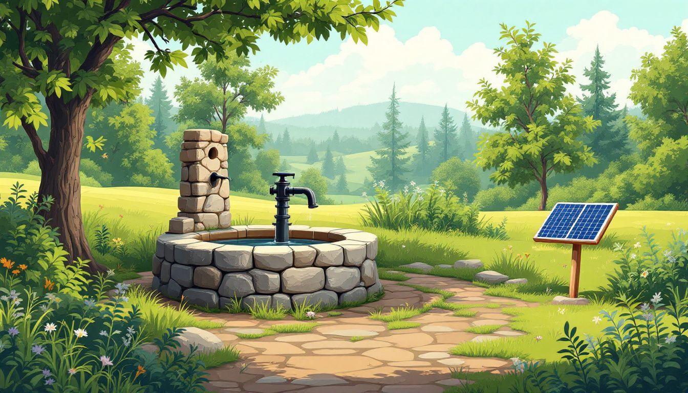 Een rustiek Zweeds plattelandslandschap met een stenen put en handpomp. Een rustiek Zweeds plattelandslandschap met een stenen put en handpomp.