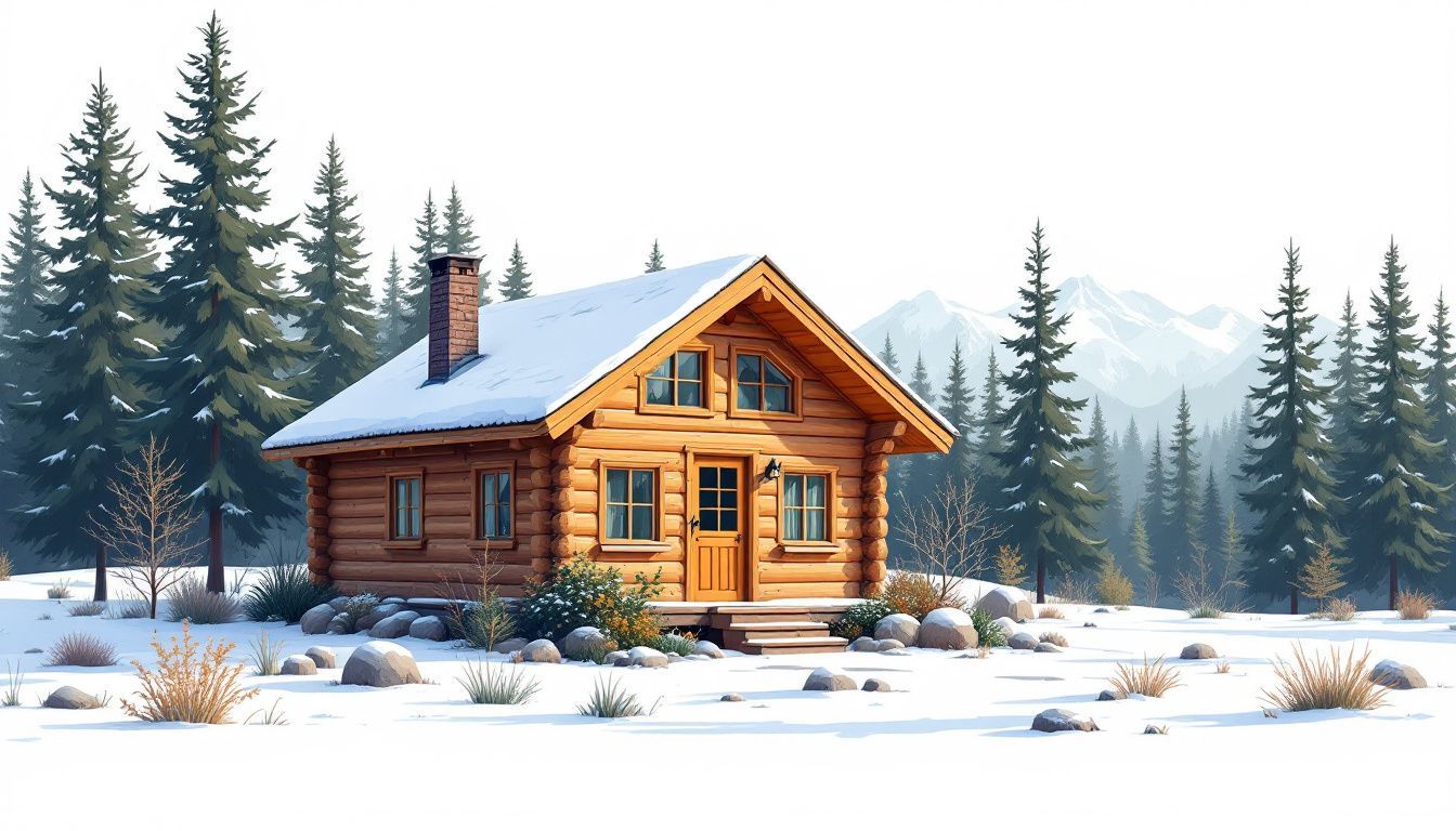 Eenzaam Zweeds blokhutje in dennenbos met tuin en berglandschap.