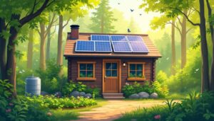 Eco-vriendelijke cabine in bos met moestuin en regenwatercollectiesysteem.