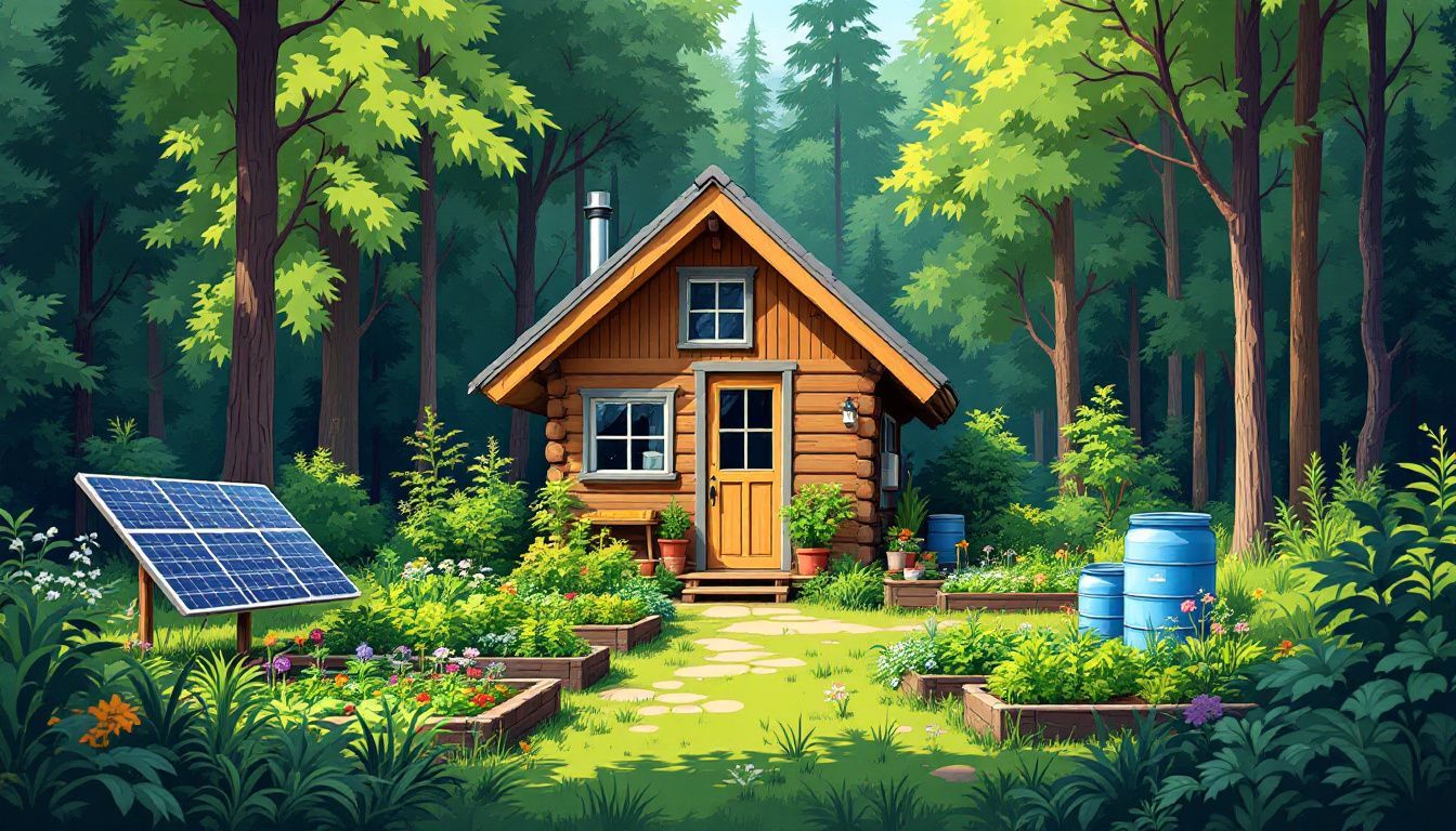 Een duurzame, zelfvoorzienende hut in een weelderig bos. Een duurzame, zelfvoorzienende hut in een weelderig bos.