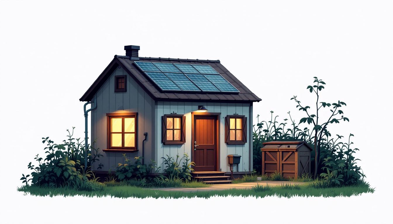 Een zelfvoorzienend huis met duurzame voorzieningen in landelijke omgeving. Een zelfvoorzienend huis met duurzame voorzieningen in landelijke omgeving.