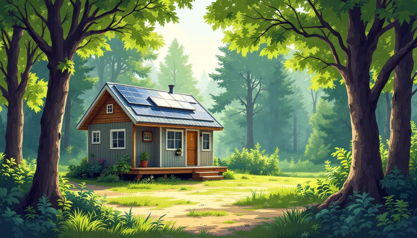 Een klein off-grid huisje, omgeven door een groentetuin en bos.