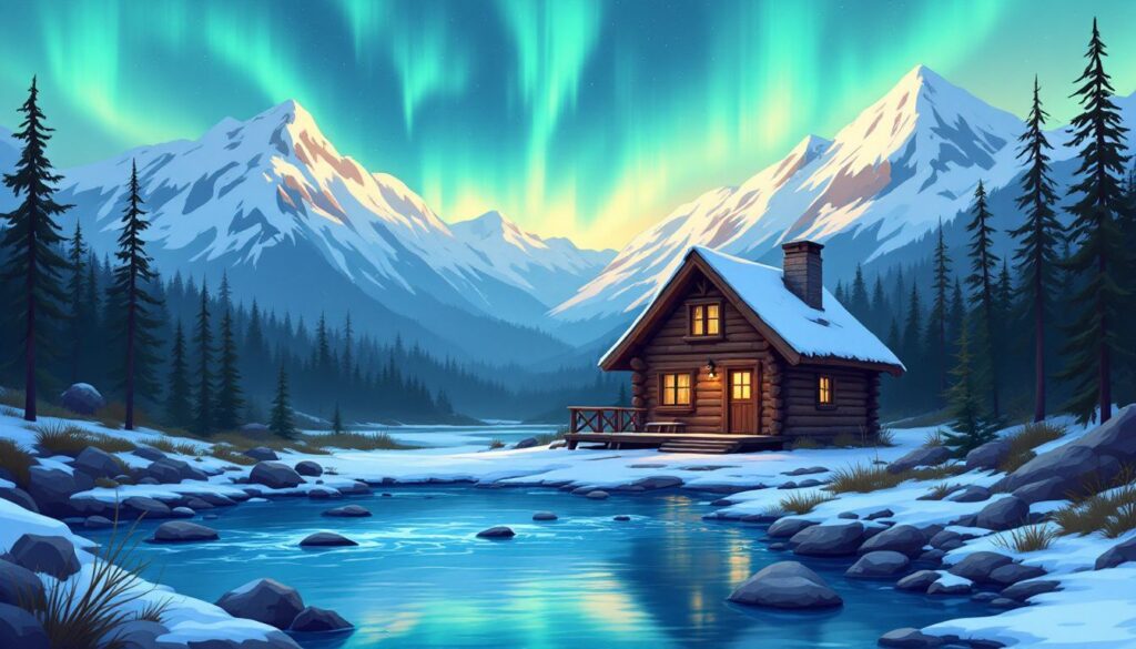 Een rustieke blokhut in de afgelegen wildernis van Alaska met een rustgevend uitzicht op de bergen en de rivier.