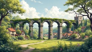 Een verwaarloosd Romeins aquaduct overwoekerd door natuur in een middeleeuws dorp.