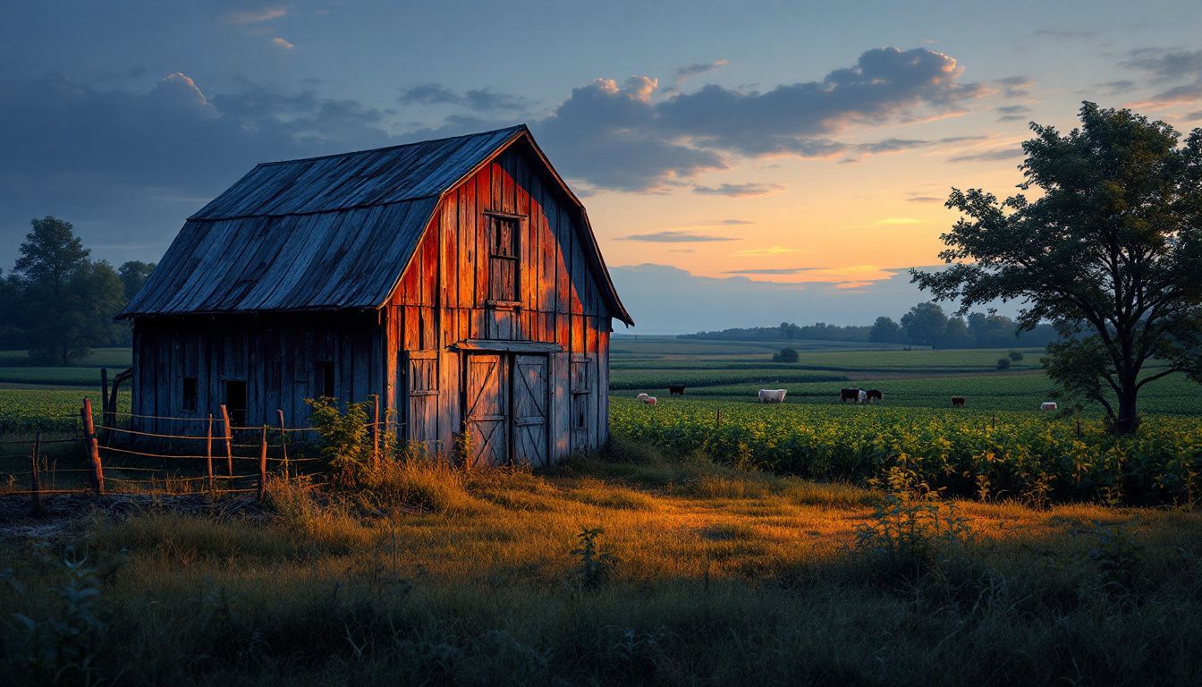 Een oude, verweerde schuur te midden van agrarische omgeving met dieren. Een oude, verweerde schuur te midden van agrarische omgeving met dieren.