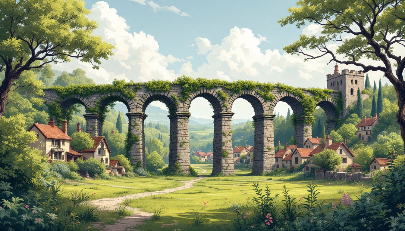 Een verwaarloosd Romeins aquaduct overwoekerd door natuur in een middeleeuws dorp.