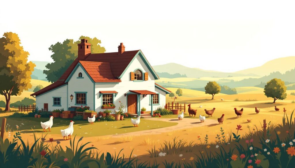 Een landelijke boerderij met dieren en duurzame boerderijpraktijken.