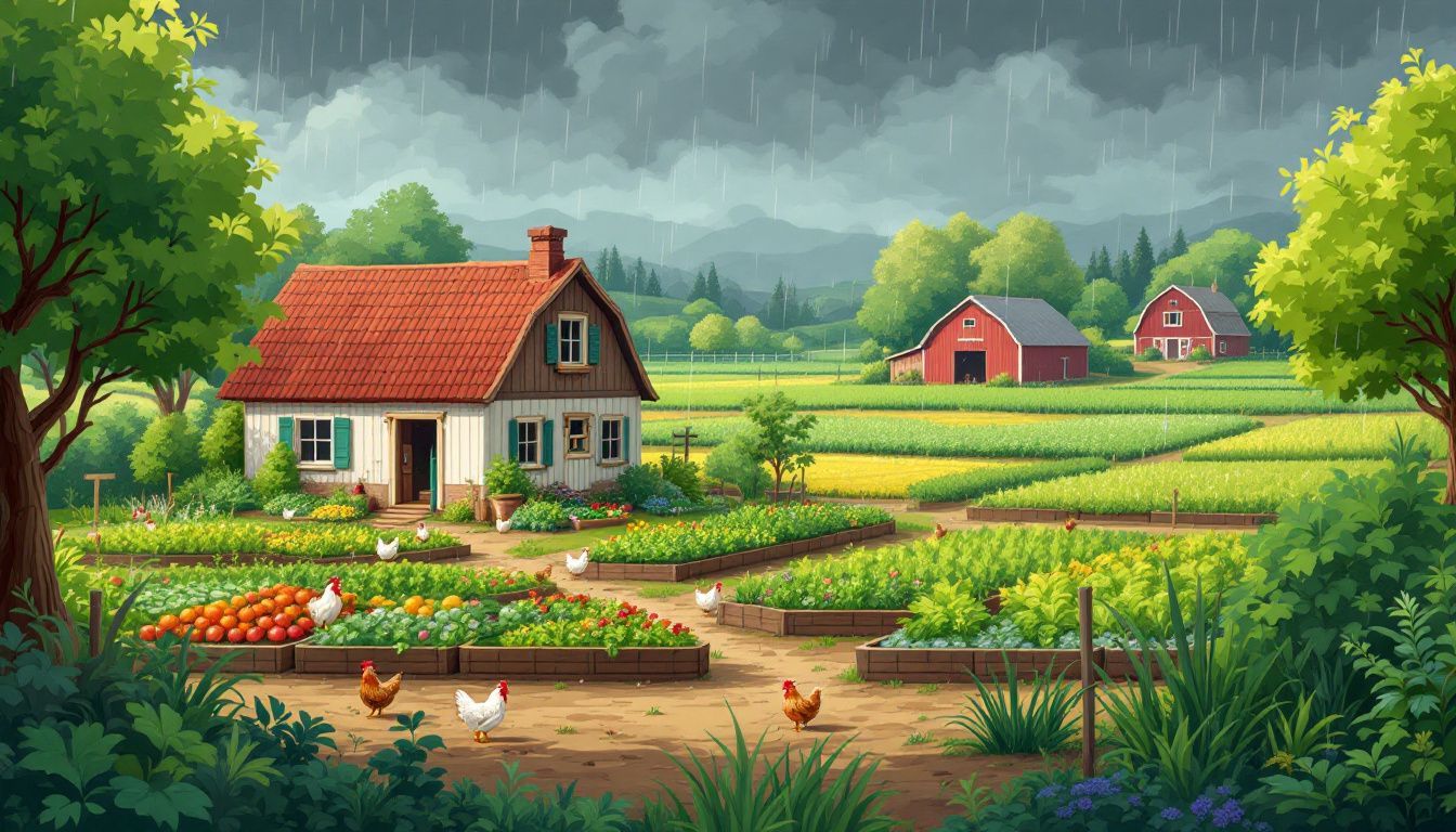 Een rustiek plattelandsboerderij met moestuinen, kippen en een schuur. Een rustiek plattelandsboerderij met moestuinen, kippen en een schuur.