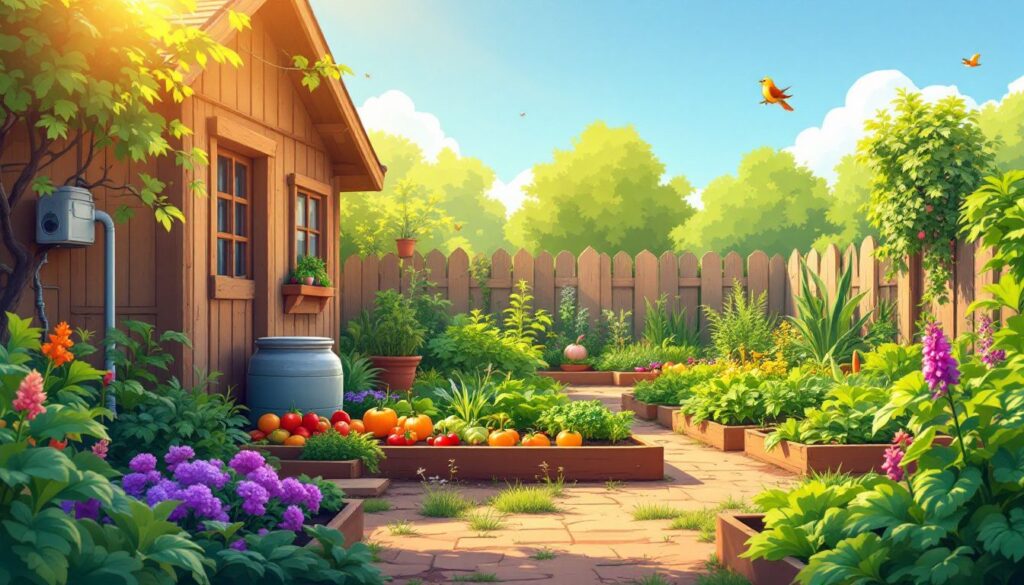 Een levendige moestuin met groenten, kruiden en duurzame regenwateropvang.