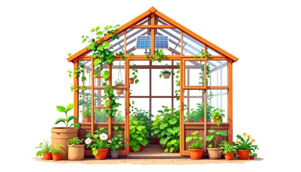 Een duurzame kas gevuld met groeiende groenteplanten en zonnepanelen.