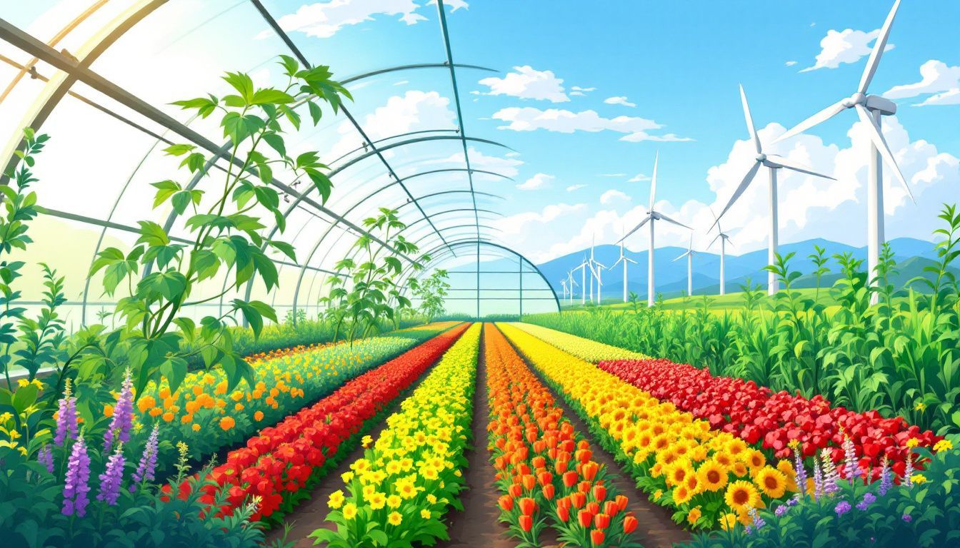 Een zelfvoorzienende kas met kleurrijke gewassen en windturbines op de achtergrond.