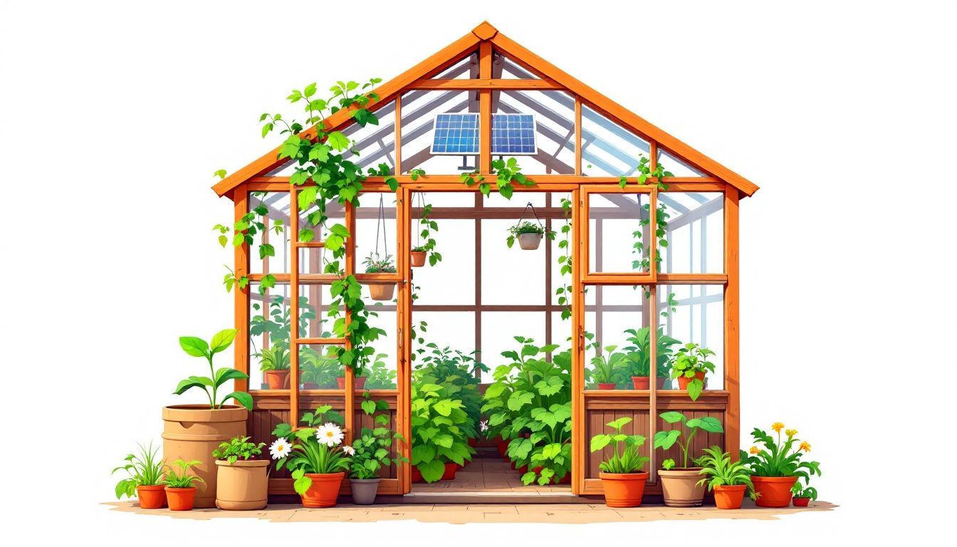 Een duurzame kas gevuld met groeiende groenteplanten en zonnepanelen.