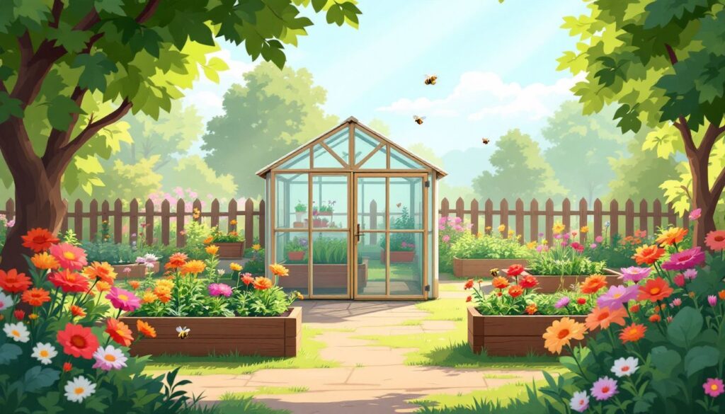 Een bloeiende moestuin met kas in Nederlandse achtertuin.