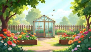 Een bloeiende moestuin met kas in Nederlandse achtertuin.