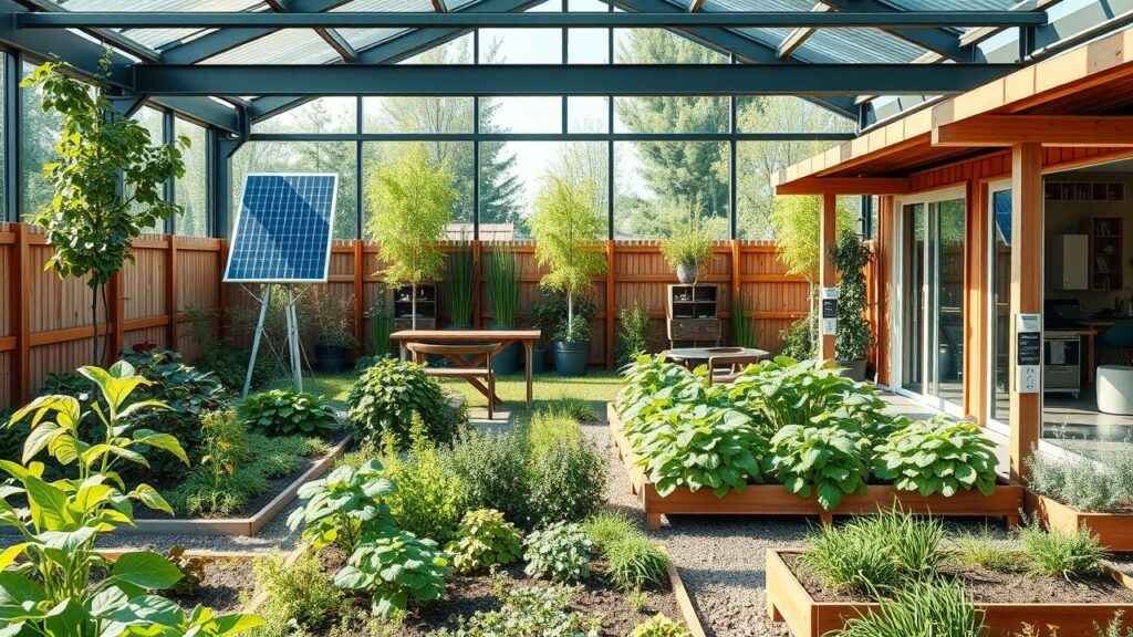 Een levendige permacultuurtuin in een eco-vriendelijke werkruimte in Nederland.