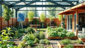 Een levendige permacultuurtuin in een eco-vriendelijke werkruimte in Nederland.